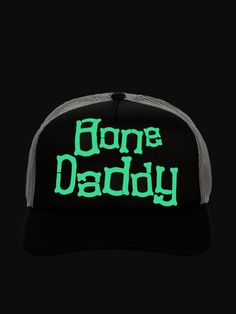 Glow in the dark artwork on front Adjustable snapback Mesh back panels Structured, pre-curved fit Flexible fit One size fits most Imported Adjustable Green Trucker Hat For Streetwear, Green Curved Bill Trucker Hat For Streetwear, Graphic Print Snapback Hat With Curved Bill, Green Trucker Hat With Letter Print And Curved Bill, Green Letter Print Snapback Trucker Hat, Green Trucker Hat With Letter Print, Halloween Snapback Trucker Hat For Streetwear, Adjustable Green Hip Hop Trucker Hat, Green Hip Hop Trucker Hat Snapback