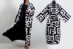 Large black and white kimono geometric design Long bathrobe dressing gown in original digital printed cotton Kimono, indoor clothing for men or women lined with plain black cotton 2 large pockets on the sides and a wide belt to tie in front or behind, geisha style Comfortable and elegant, light, refined, chic and unique, it is ideal for getting out of bed or for staying very smart at home. Sent in a matching gift wrap pouch. This kimono is an original design and is part of the AKKA CREATION coll Black Cotton Kimono With Print, Black Printed Cotton Kimono, Long Black Cotton Kimono, Black Long Cotton Kimono, Black Cotton Printed Kimono, Black Cotton Kimono With Kimono Sleeves, Black Long Printed Kimono, Long Black Printed Kimono, Black Printed Long Kimono