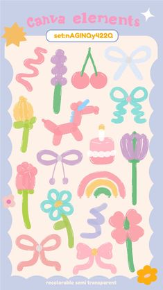 the back side of a pink and blue poster with different types of items on it