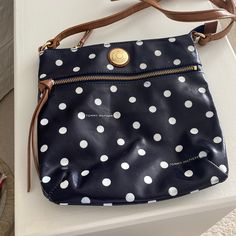 Brand New; Never Used Vinyl/Patent Leather Feel Zippered Closure With Pockets On The Insideincluding 1 Zippered Everyday Blue Tommy Hilfiger Shoulder Bag, Tommy Hilfiger Bags, Blue Polka Dots, Patent Leather, Wallets, Polka Dot, Crossbody Bag, Tommy Hilfiger, Polka Dots