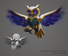 an owl with blue eyes and gold wings is next to a skull in the air