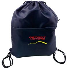 a black drawsack bag with the word detroit on it