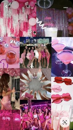 the collage has pink and white balloons, drinks, and other things in it