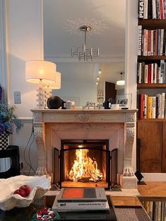 a living room with a fire place and bookshelves on the wall behind it