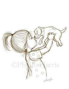 a pencil drawing of a girl holding a dog in her arms with bubbles around her