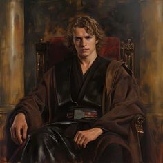 a painting of a man sitting in a chair wearing a darth vader outfit