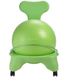 a green exercise ball sitting on top of a stand