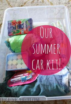 a plastic container filled with lots of different items and the words our summer car kit