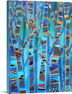 an abstract painting of trees with blue and multicolored stripes on the barks