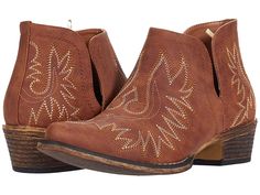 Roper Ava - Cowboy Boots : Tan Faux Leather/Embroidered Shaft : The Roper Ava booties are the perfect fit of Western chic and modern comfort. Fashion ankle boot made of a faux-leather upper with deep V-panels for easy movement and a stylish look. Soft man-made lining for a comfortable fit and feel. Padded insole for added underfoot comfort. Stacked heel with a scoured detailing. Snip toe. Lightweight man-made outsole with rubber heel cap for reliable traction. Imported. Measurements: Heel Height Trendy Ankle-high Boots With Leather Footbed, Western Slip-on Boots For Fall, Fall Slip-on Boots With Removable Insole, Trendy Leather Boots With Cushioned Footbed, Western Slip-on Boots With Removable Insole, Western Ankle-high Faux Leather Boots, Ankle Boots With Cushioned Footbed For Fall, Spring Ankle Boots With Cushioned Footbed, Brown Ankle Boots With Cushioned Footbed