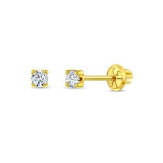 These dainty prong set diamond earrings are a wonderful accessory for your baby girl. Made from high-quality 14k yellow gold, they are safe for sensitive skin. Featuring a small 2mm diamond at the center, these prong-set earrings sparkle beautifully in the light. The screw-back closure ensures a secure fit, so you can be confident that your little one's earrings will stay in place. These timeless and elegant earrings make a great gift for a baby shower, christening, or any special occasion. With Set Earrings, Gold Jewelry Earrings, Kids Earrings, Sparkle Earrings, Toddler Kids, Elegant Earrings, Christening, Prong Setting, Baby Toddler