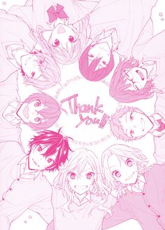 a group of anime characters with the words thank you written on them in pink ink