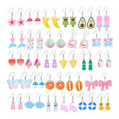 many pairs of earrings are shown on a white background with clippings for each pair