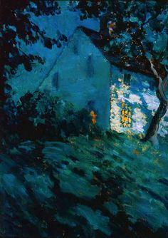 a painting of a house in the woods at night with trees and bushes around it