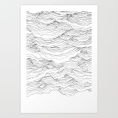 a black and white drawing of wavy lines on paper art print by designbyte