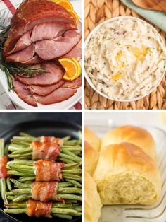 four different pictures with food in them including ham, bread and asparagus on the side