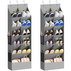 two shelves with shoes and purses on them, one is open to show the inside