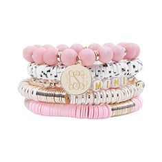 Made for mini, your little girl will adore this personalized bracelet set. This monogrammed disc five-bracelet set features several types of beading, including brass and flat white, gold, and blush-colored beads. She can mix and match the position of each stretch bracelet on her wrist for a unique, one-of-a-kind look.This mini bracelet stack is a counterpart to our mama bracelet stack, so don't forget to twin with your mini-me! Just pair this jewelry item with her favorite monogrammed dress and Stacked Bracelets, Mama Bracelet, Girls Bracelet, Mini Bracelet, Monogram Outfit, Jewelry Styles, Flat White, Mom Jewelry, Stackable Bracelets