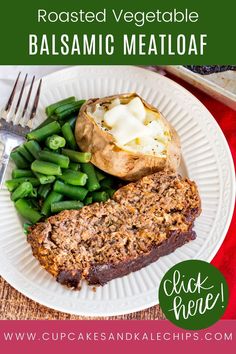 a white plate topped with meatloaf and green beans