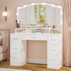 [Storage Area]: The open shelf under the mirror can be used to place perfume, cosmetics, etc. Not only does it Teen Vanity, Mirror Makeup Vanity, Girls Vanity, Makeup Vanity Table, Makeup Vanities, Drawer Lights, Mirrored Vanity Desk, Large Vanity, Bedroom Dressing Table