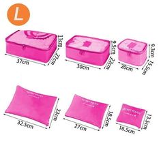 four pieces of pink storage bags with measurements