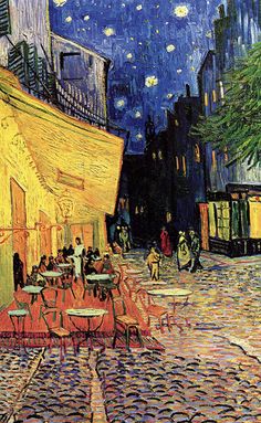 a painting of people sitting at tables in an outdoor cafe under the starry sky