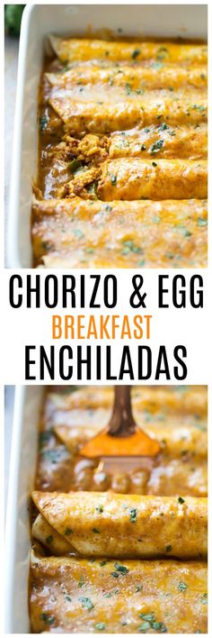 cheesy egg enchiladas in a white casserole dish with text overlay