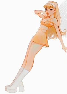 a drawing of a woman dressed as a fairy with white hair and orange dress holding her hand on her hip