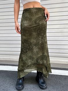 Army Green Boho Collar  Knitted Fabric Floral,Paisley Asymmetrical Embellished Slight Stretch  Women Clothing Women Skirts, Boho Green, Hem Skirt, Fabric Floral, Fall Style, Lettuce, Army Green, Women Clothing, Knitted Fabric