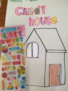 a child's drawing of a house with the words candy house next to it