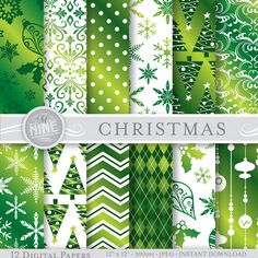 christmas digital paper pack with green and white patterns