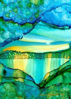 an abstract painting with blue, green and yellow colors on the water's surface