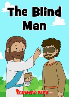 the blind man with jesus pointing out his hand to another person who is holding a cup