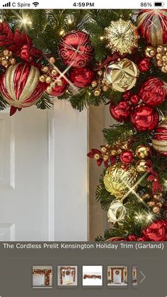 a christmas wreath decorated with red and gold ornaments