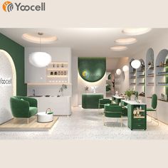 the interior of a salon with green and white furniture