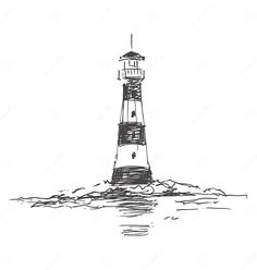 a drawing of a lighthouse in the water