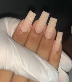 Medium Length Glitter Nails, Nail Designs With Sparkles, Sparkly Square Nails, Medium Length Acrylics, Glittery White Nails, Square Glitter Nails, Square Nails Glitter, Hoco Nails Acrylic, Milky White Nails With Glitter