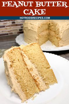 a piece of peanut butter cake on a plate with the rest of the cake in the background