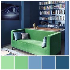 a living room with blue walls, green couch and bookshelf in the background