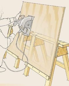 a drawing of a person using a power tool on a wooden easel with an electric cord