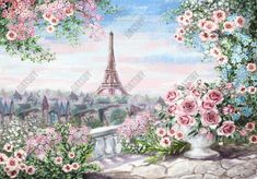 a painting of the eiffel tower in paris with pink flowers and greenery