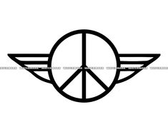 a black and white photo of a peace sign with wings in the center, on a white background