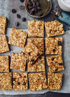 chocolate chip granola bars cut into squares and placed on a baking sheet with other ingredients