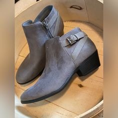 Women’s Booties Never Worn Size 7 Grey Buckle Detail Casual Low Heel Booties With Buckle, Casual Low Heel Booties With Buckle Closure, Trendy Gray Ankle Boots, Gray High-top Boots With Reinforced Toe, Gray Leather Slip-on Boots, Gray Lace-up Synthetic Boots, Gray Suede Ankle Boots, Soda Shoes, Shoes Heels Boots