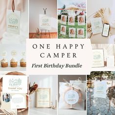 one happy camper first birthday bundle with photos and tags for the baby's first birthday