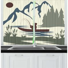 an image of a kitchen scene with mountains and a boat on the water shower curtain set