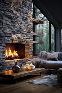 a living room filled with furniture and a fire place in front of a stone wall