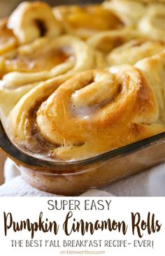 an easy pumpkin cinnamon rolls recipe in a glass baking dish with the title overlay