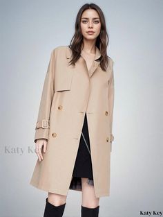 Katykey - Womens Double-breasted Raglan Sleeve Solid Button Longline Trench Coat - Stylish Windbreaker Outerwear Khaki Pea Coat With Button Closure For Work, Khaki Collared Outerwear For Office, Khaki Button-up Outerwear For Office, Khaki Button Closure Outerwear For Office, Elegant Button-up Khaki Outerwear, Elegant Khaki Button-up Outerwear, Longline Trench Coat, Casual Fit, Sleeve Detail