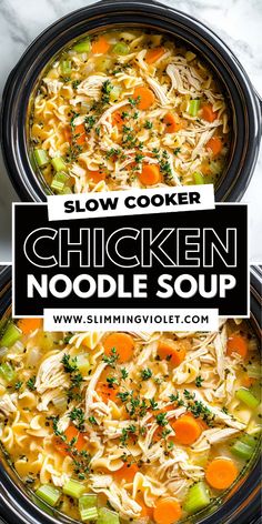 slow cooker chicken noodle soup with carrots and celery in it